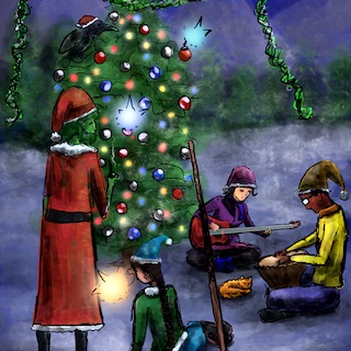 A group of friends sits around the yule tree while wisps decorate it.