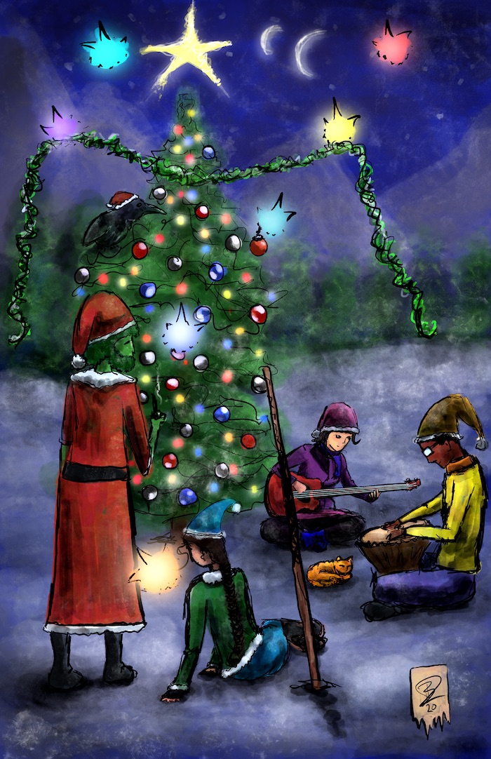 A group of friends sits around the yule tree while wisps decorate it.