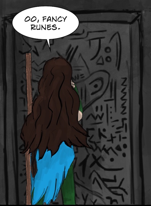 Oo, fancy runes. Rebecca admires the runes carved into the stone door.