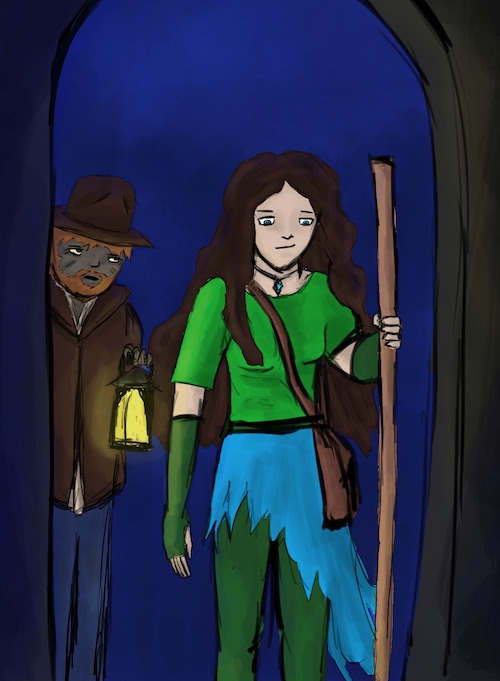 Rebecca stands in the doorway, smiling. Billiam holds the lantern and awaits his next instruction.