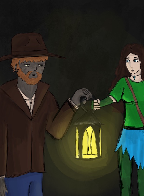 Billiam hands Rebecca the lantern.