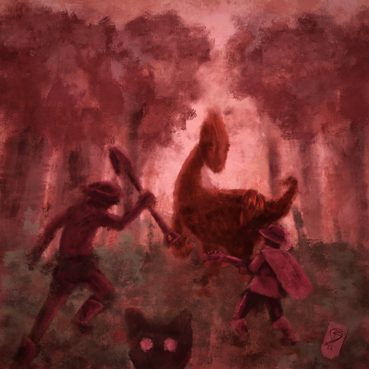 A digital painting in a red palette. In a forest clearing, the giant blood raptor lands. The bard’s fingers leap to the strings. A soothing song will calm this wild beast! The pirate charges in with his shovel held high. He’ll save her! Bards are too squishy to be on the front line like this. Meanwhile, the cat pokes his head up at the very bottom of the frame, looking out toward the viewer. He’d prefer not to be in this painting at all.