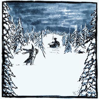 A witch with a staff and pointy hat trudges through snow. In the background is a dragon lying on top of a cabin, watching.