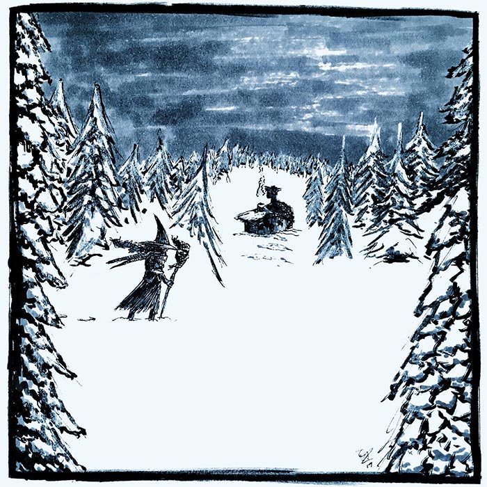 A witch with a staff and pointy hat trudges through snow. In the background is a dragon lying on top of a cabin, watching.