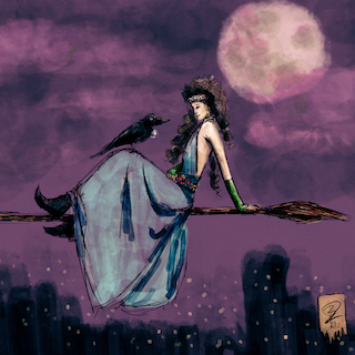 A witch and her familiar hang out in the clouds, riding on a broom.