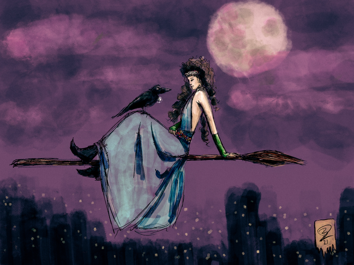 A witch and her familiar hang out in the clouds, riding on a broom.