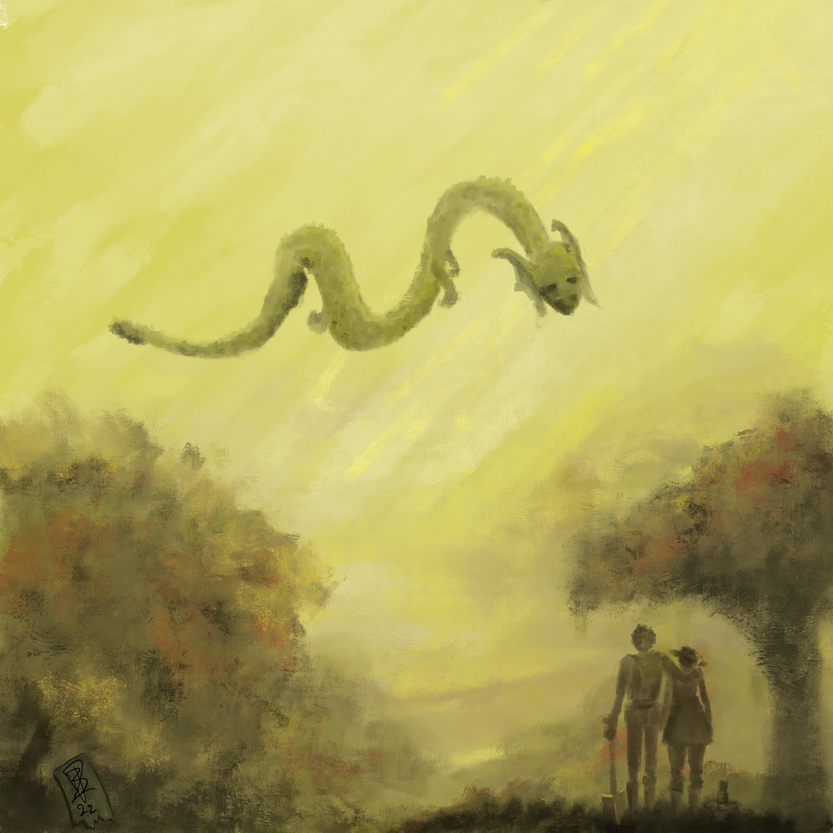 A yellow painting. It looks like a foggy morning. Sunbeams slant down from above. There’s a dragon in the sky above a valley, looking down on two people and a cat in the foreground, who have their backs turned to us and are looking up at the dragon.