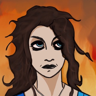 Rebecca rolls her eyes in front of a fiery background.