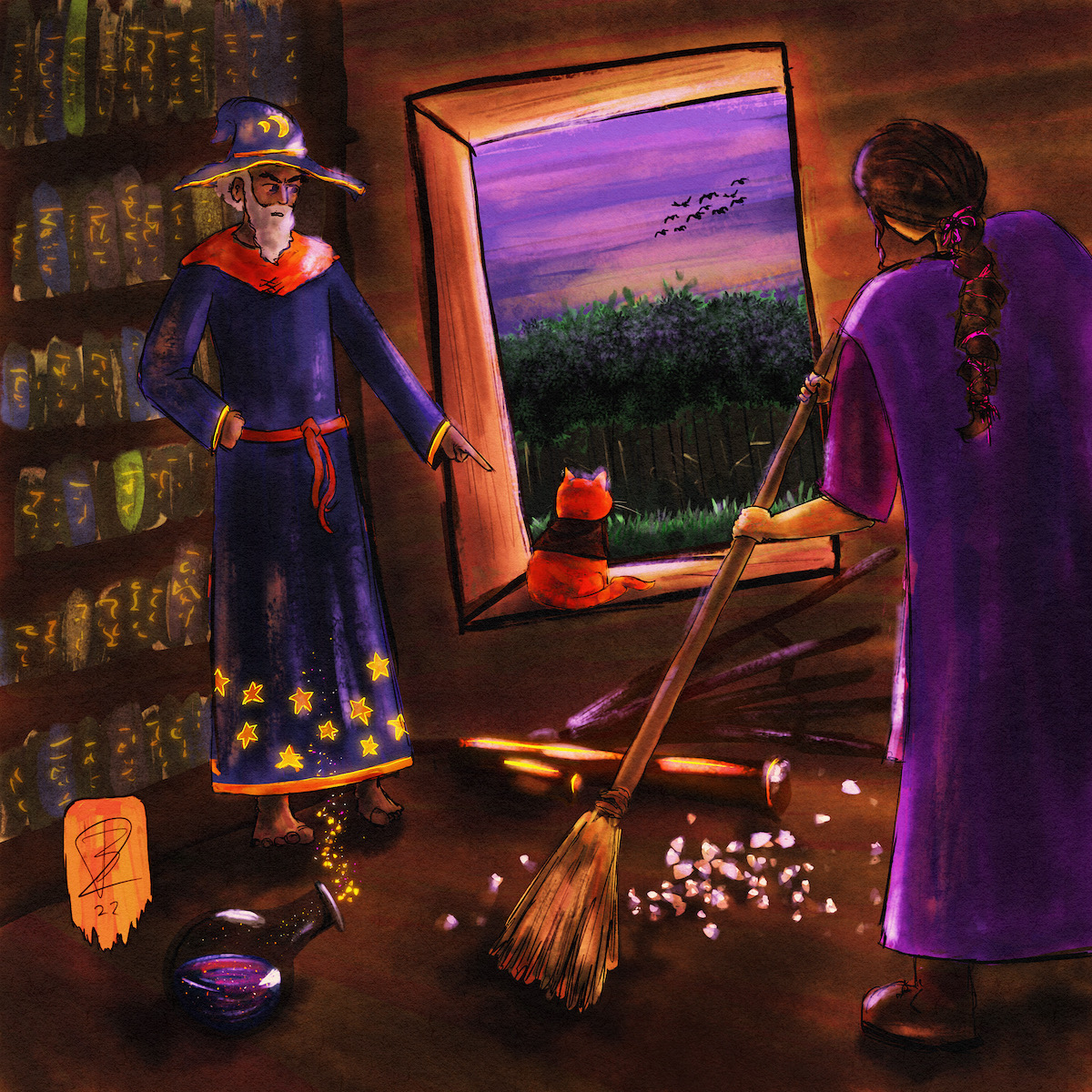 A wizard with stars on his robe and moons on his hat is standing in front of a bookshelf. He’s pointing at an orange cat with a little cape on, who has his back turned and is staring out the window at some birds. The sun is setting over a distant forest. A telescope has fallen over, and there’s glass everywhere. In the foreground, a woman with a braid and a purple cape is sweeping up the mess with a long-handled broom.
