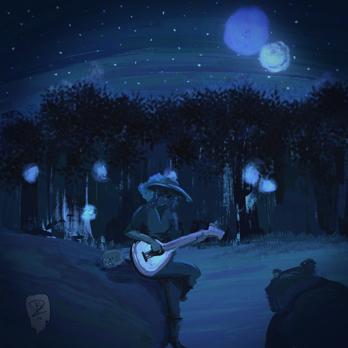A woman plays an instrument that looks like a cross between a lute and a guitar. She has on a wide-brimmed hat with a feather in it. She’s sitting on a rock. The cat is hiding behind her. In the foreground, a bear watches her. Is it charmed by her song, or preparing to strike? Behind them is a dark forest with some mysterious lights glowing through the trees. The stars are out, and both the moons are full.