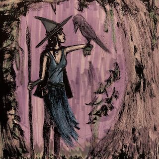 A witch sings to a raven perched on her arm in a forest.