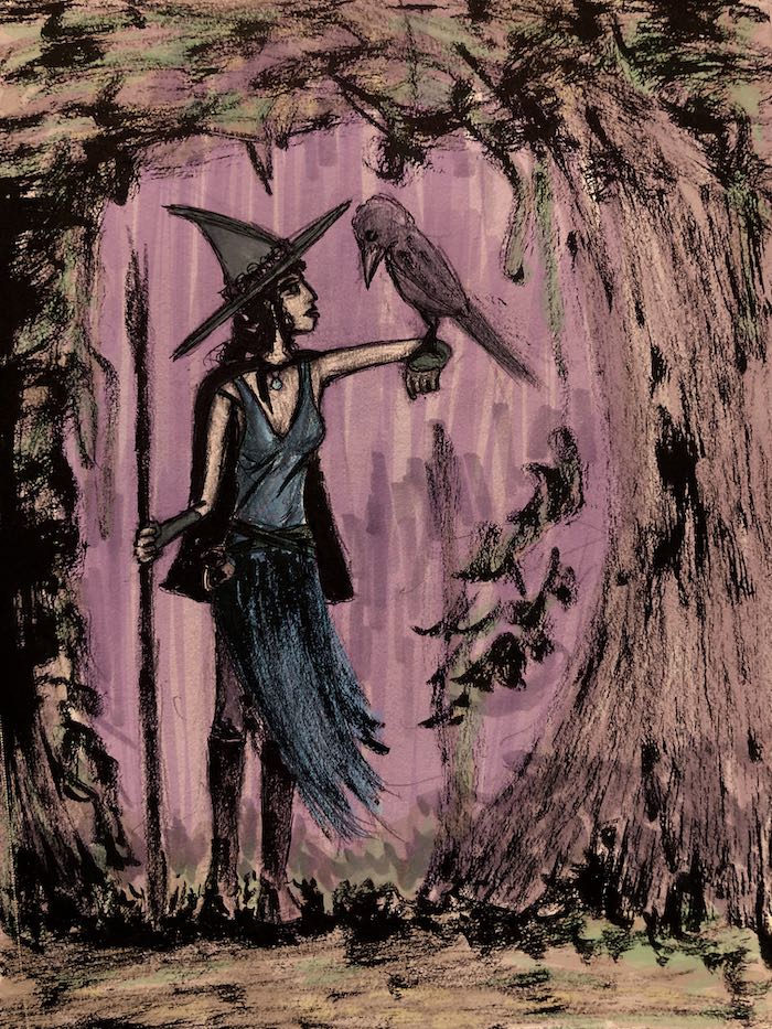 A witch sings to a raven perched on her arm in a forest.