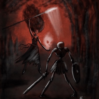 A necromancer awakens a skeleton warrior.