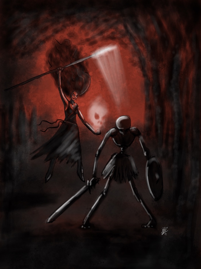 A necromancer awakens a skeleton warrior.