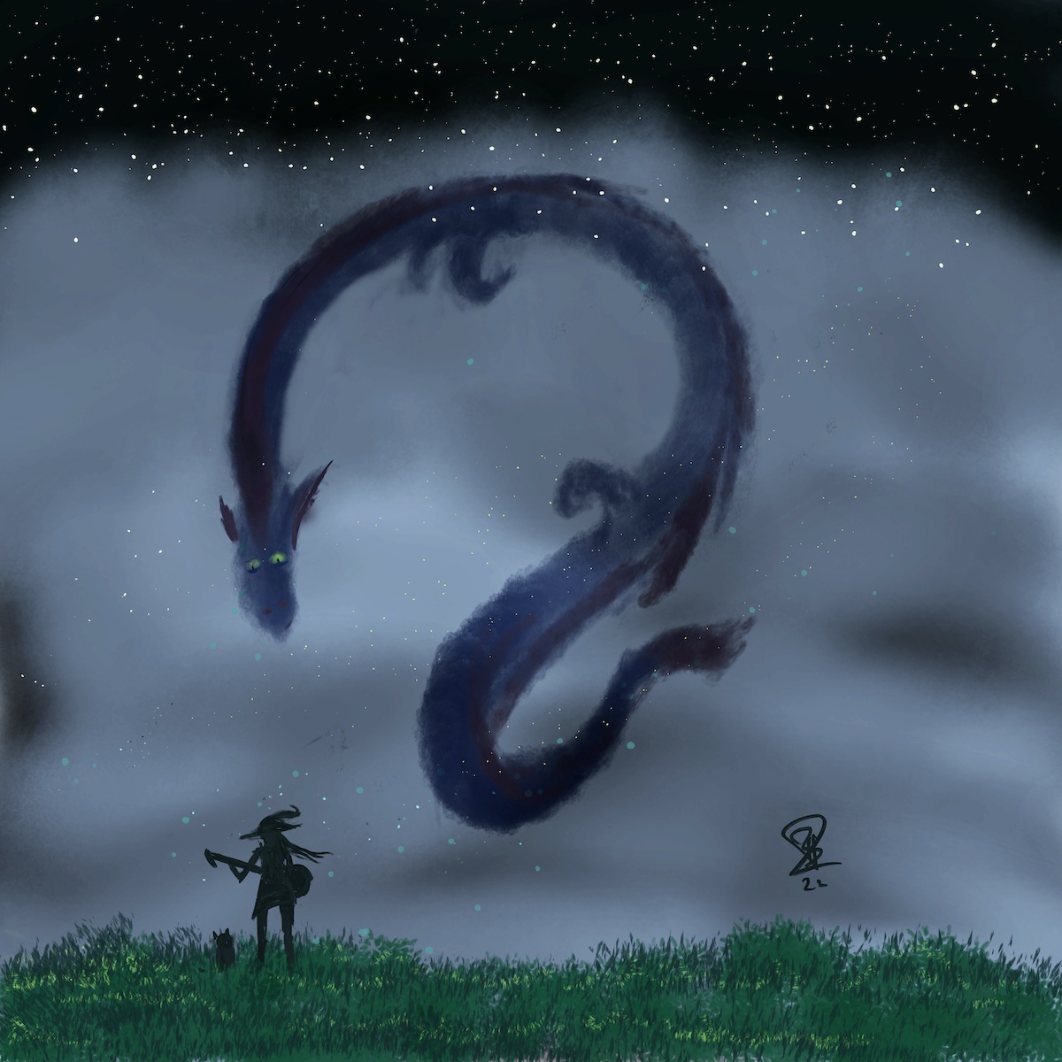 A bard plays a song for a large and squiggly dragon.