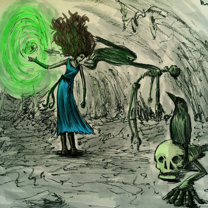 A necromancer rips a corrupted spirit from the skeleton it has been possessing while her raven watches from its perch on another skeleton.