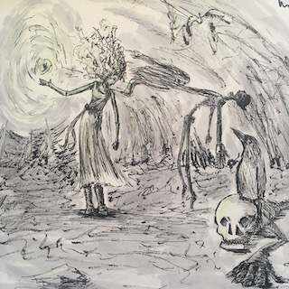 A necromancer rips a corrupted spirit from the skeleton it has been possessing while her raven watches from its perch on another skeleton.