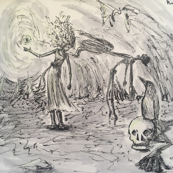A necromancer rips a corrupted spirit from the skeleton it has been possessing while her raven watches from its perch on another skeleton.